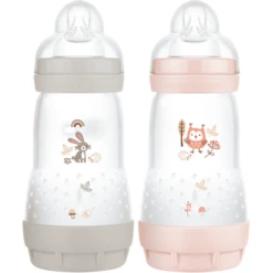 MAM Babyflasche Easy Start Anti Colic-Elements 260 Ml 2 Stück Hase/Eule In Grau/rosa